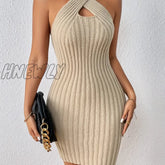 Hnewly Solid Ribbed Sweater Dress Sexy Cut Out Sleeveless Bodycon Women’s Clothing Khaki / S(4)